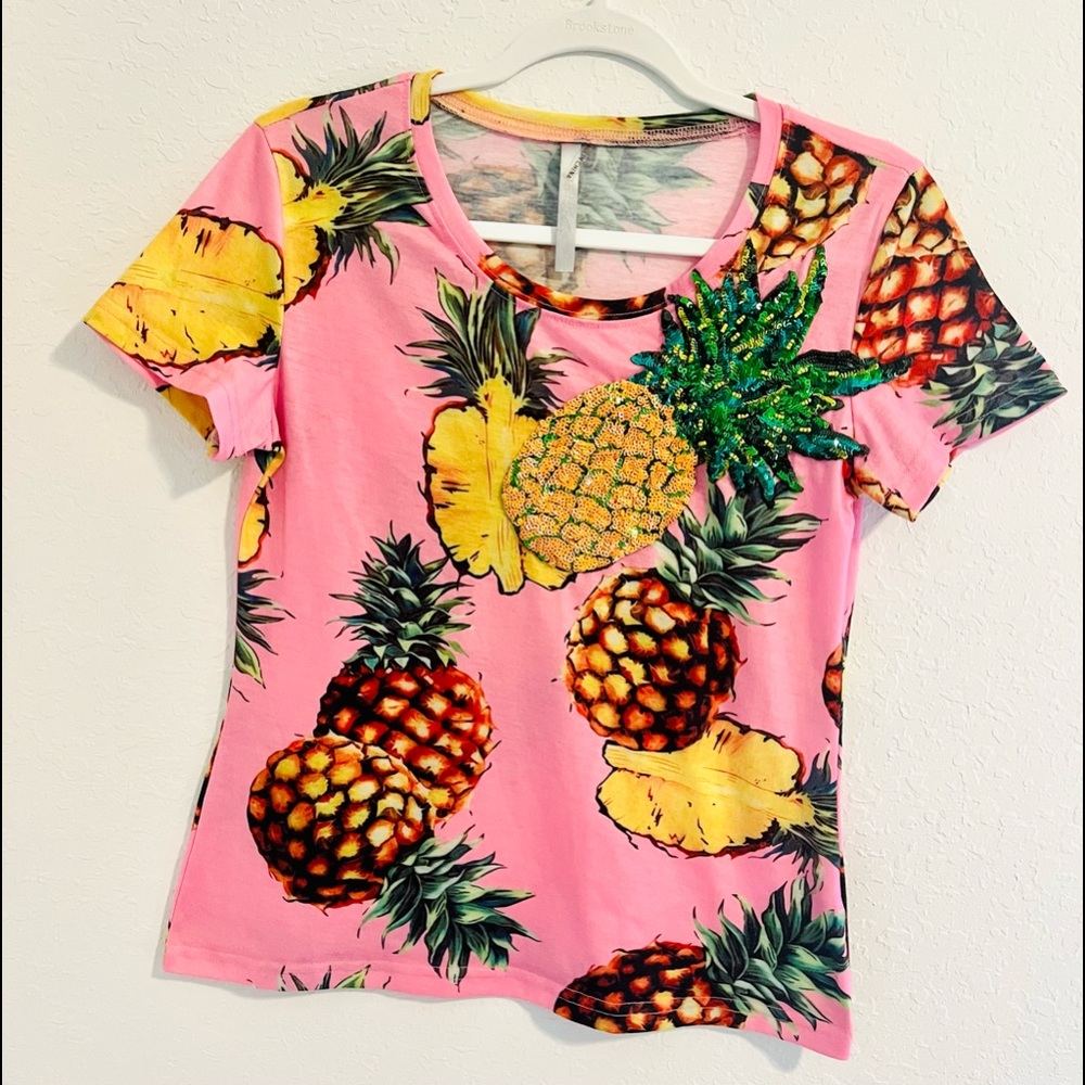 Tropical Pineapple Sequin Shirt Small Vacation Resort Summer Beach Cruise